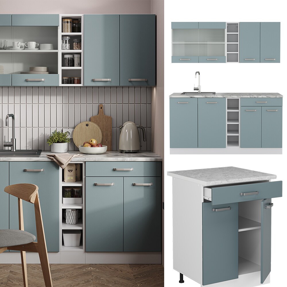 Vicco Küchenzeile R-Line Solid Weiß Blau Grau 160 cm modern Küchenschränke Küchenmöbel