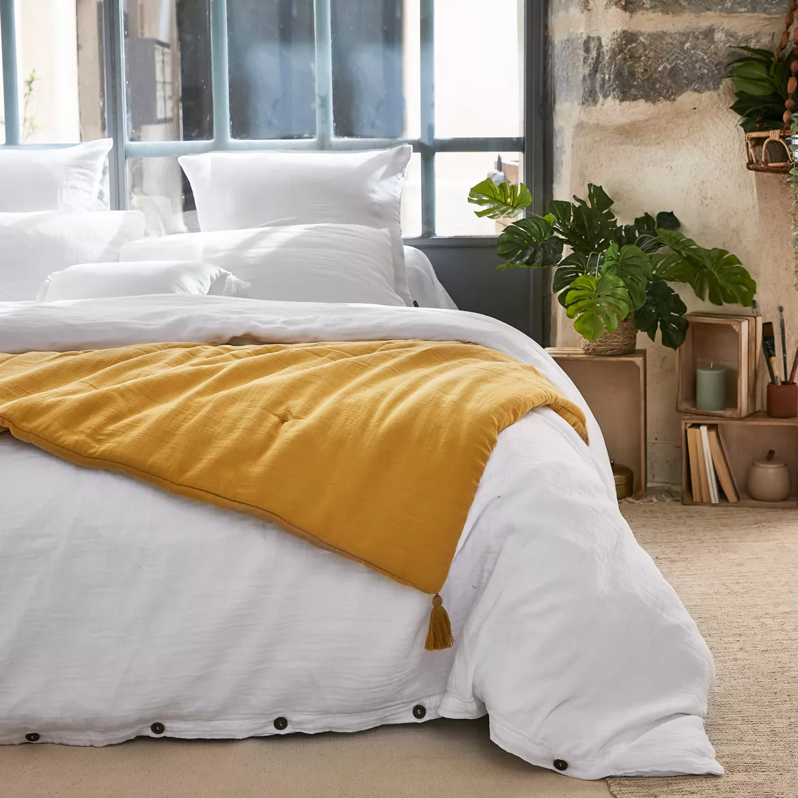 Edredon gaze de coton (150 x 150 cm) Gaïa Jaune safran