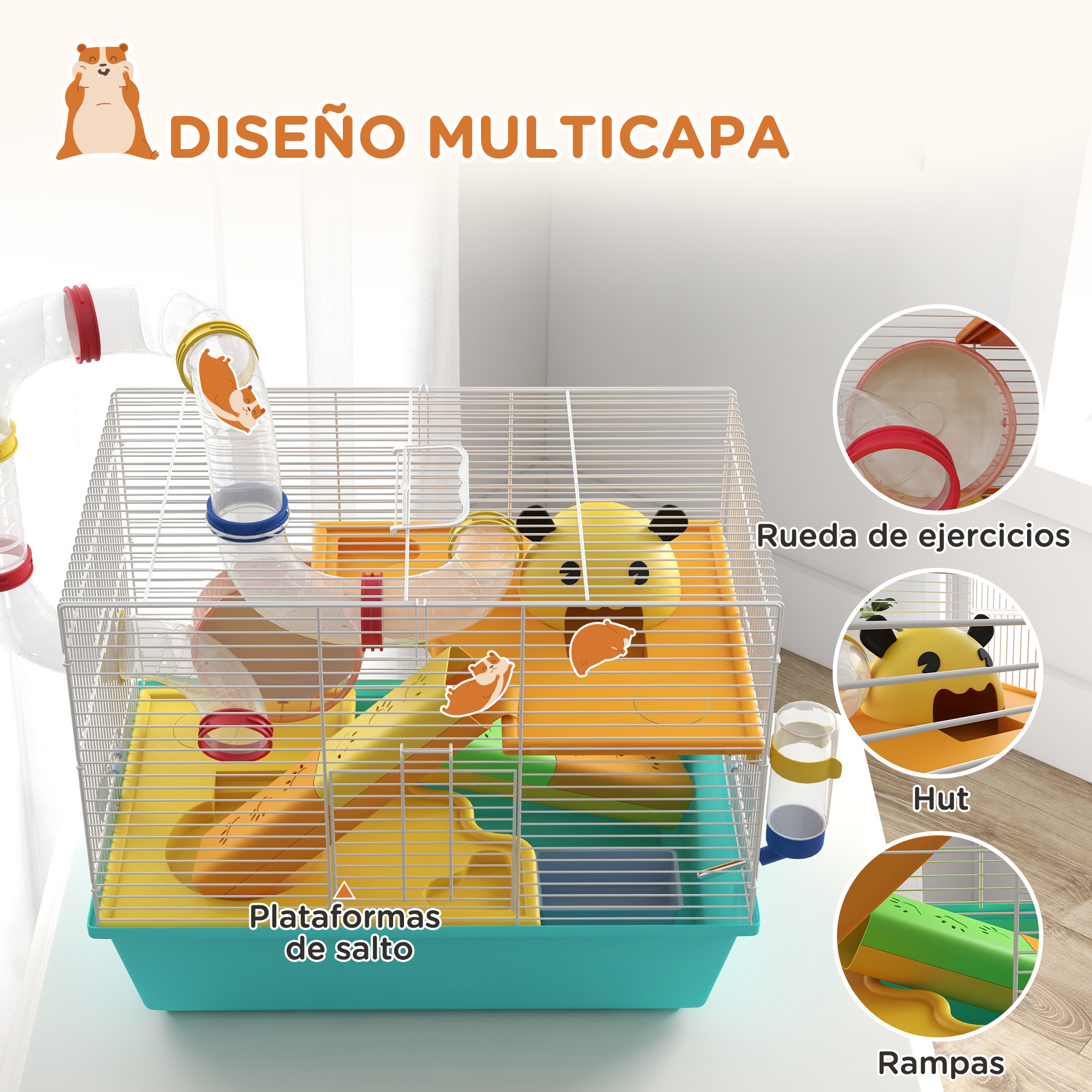 Gaiola PawHut para Hamster, Casinha para Pequenos Animais com Túnel, Plataformas, Bebedouro, Rampas e Roda de Exercícios, 45x28x37 cm, Azul Claro