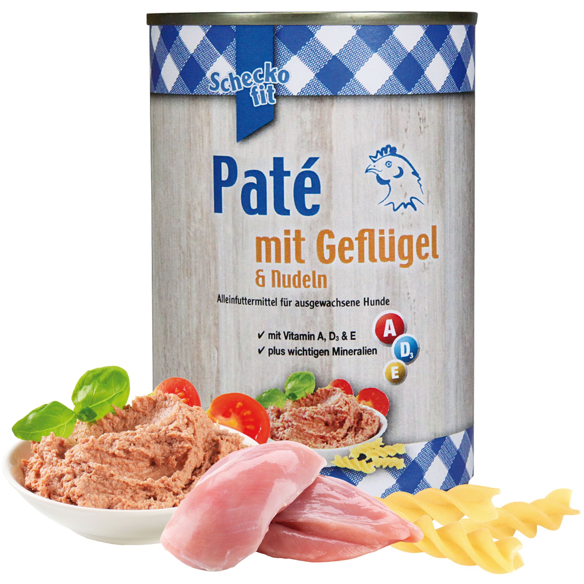 Schecker Nassfutter - cremiges Paté  mit Geflügel - für Hunde mit leckeren Zutaten