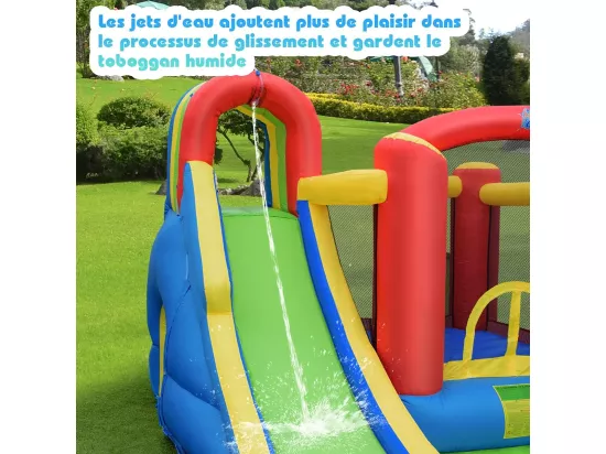 Château Gonflable avec Soufleur 450W, Aires de Jeux avec Toboggan, Mur d’Escalade, Trampoline&Canon Eau pour Enfant 3-10 Ans