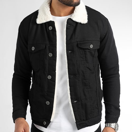 Veste Jean Super Slim Fit A Col Mouton 5005 Noir Blanc