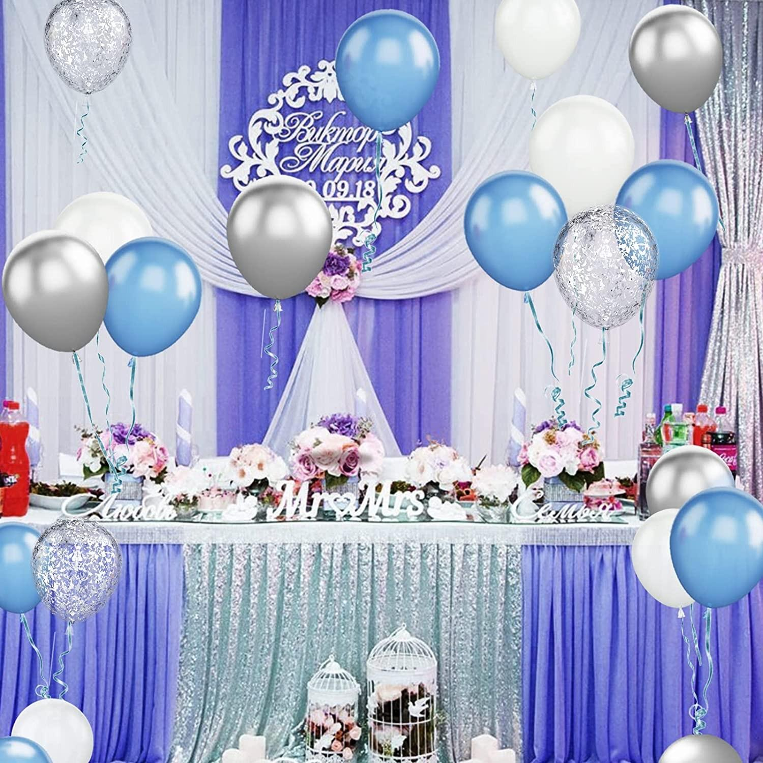 (30er Set) Party Deko Ballons Latex Luftballons mit Konfetti - Blau / Weiss / Silber
