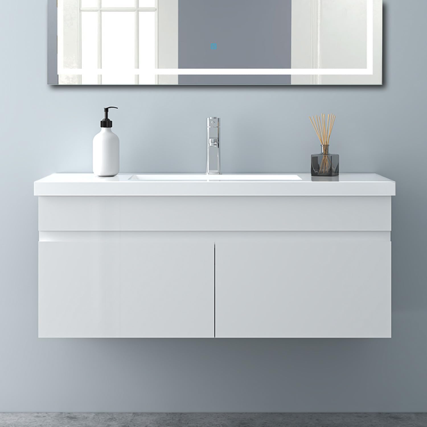 Badezimmer Badmöbel 100cm Mineralguss Waschtisch mit Unterschrank Hängeschrank Hochglanz Weiß Badezimmerschränke Badschrank mit 2 Soft-Close Türen