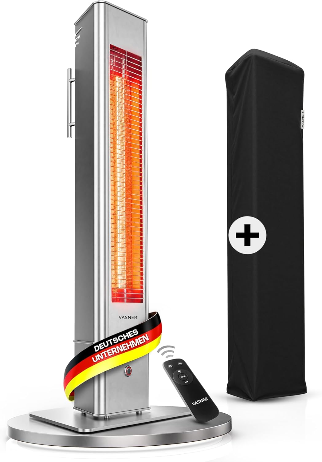 VASNER HeatTower Wärmestrahler (+ Aircape) - Infrarot Standheizstrahler 2500 Watt - Heizstrahler Terrasse elektrisch 4 Stufen - Elektro Heizstrahler Outdoor - Terrassenstrahler Infrarot Fernbedienung