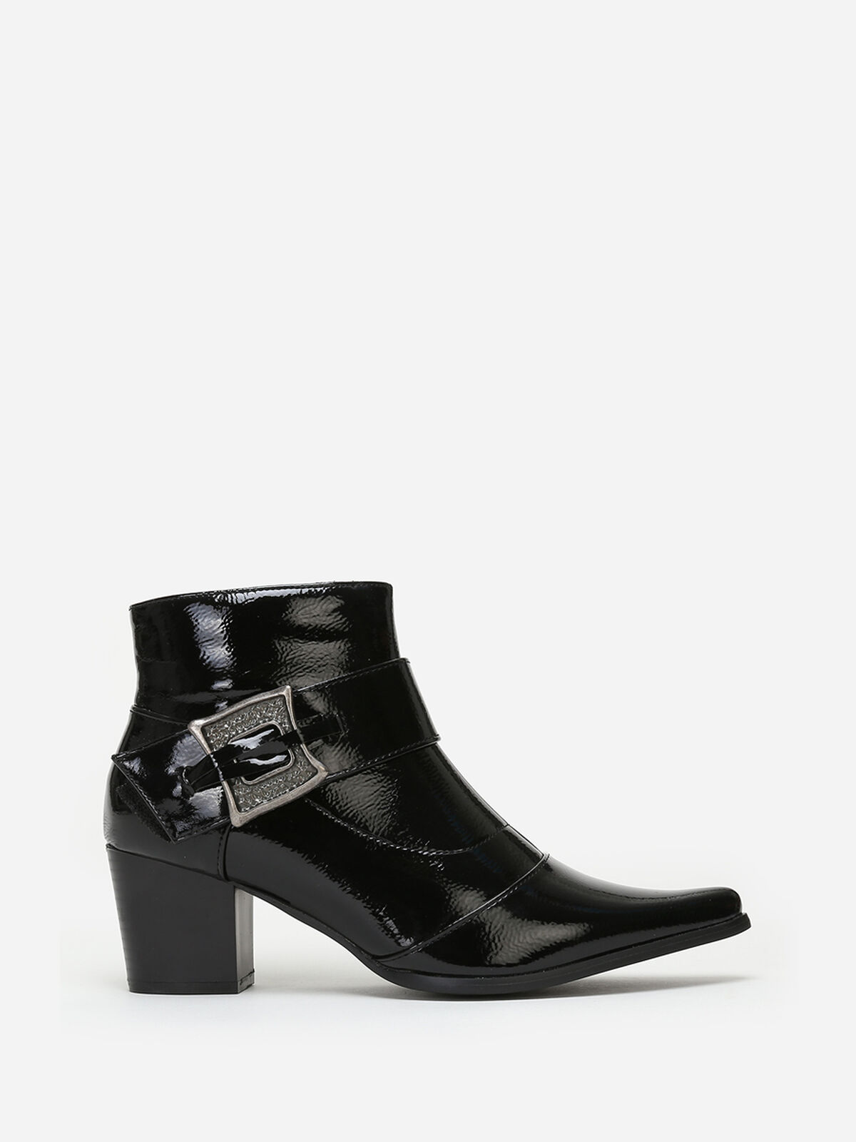 Bottines vernies à talon et boucle- Noir