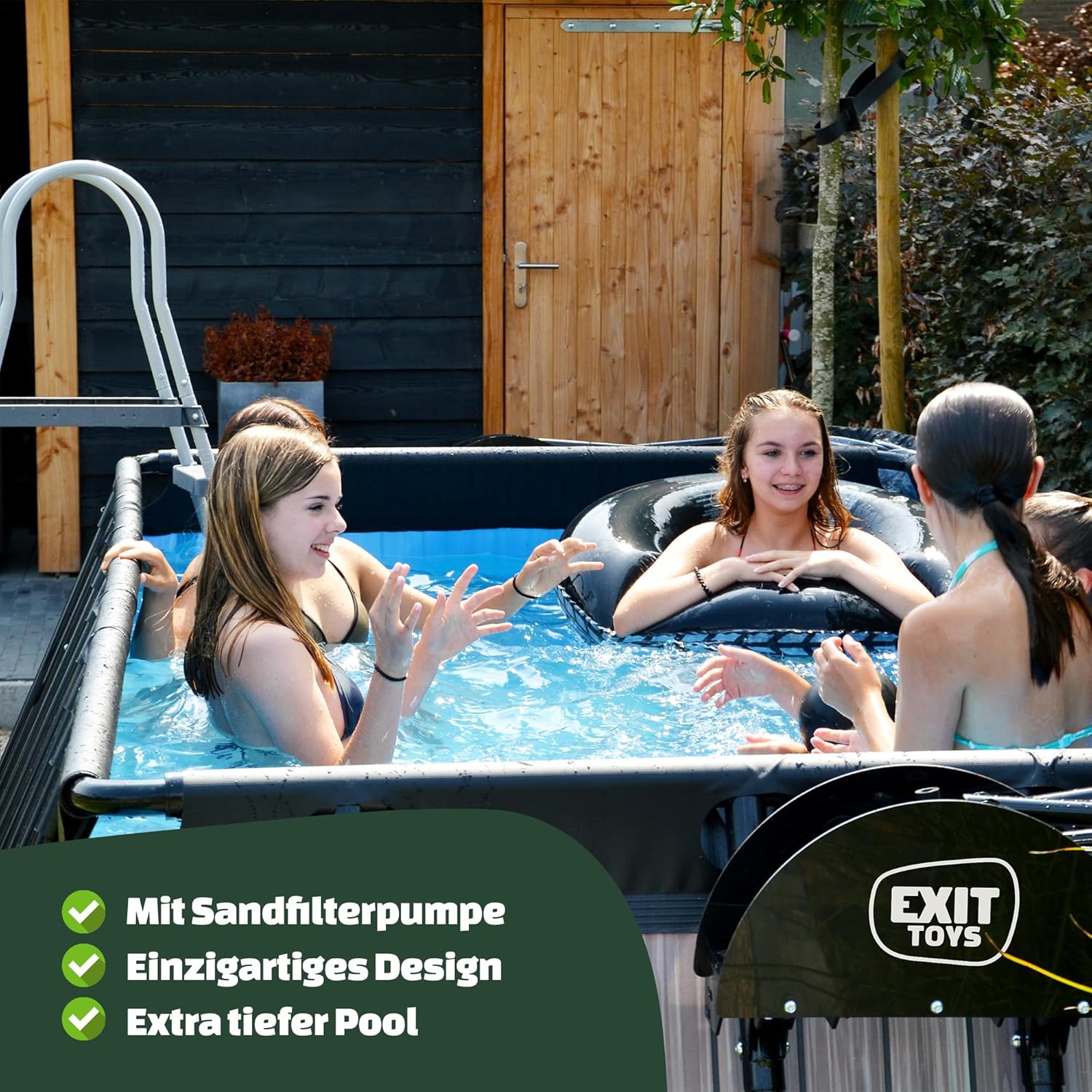 EXIT Toys Stone Pool - 540x250x100cm - Großer, Rechteckiger Rahmenpool mit Sandfilterpumpe - Extra tiefer Pool - Starker Rahmen - Inklusive Poolleiter - Einzigartiges Design - Grau
