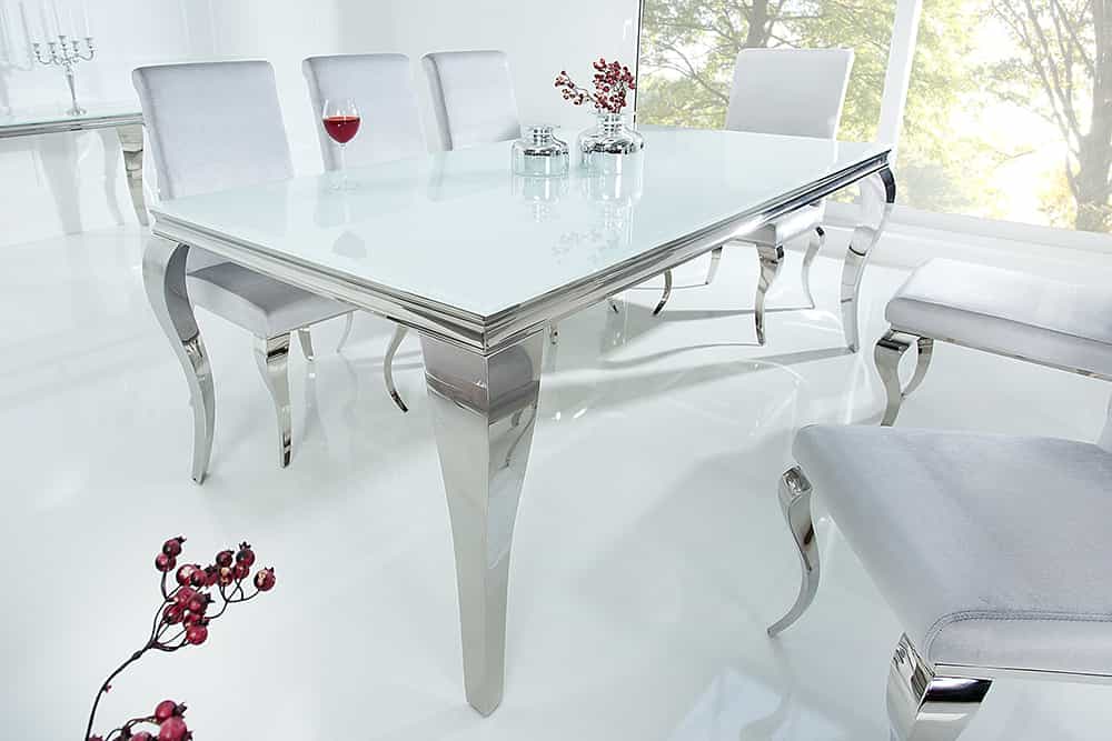 Eleganter Design Esstisch MODERN BAROCK 200cm weiß Edelstahl Opalglas Tischplatte