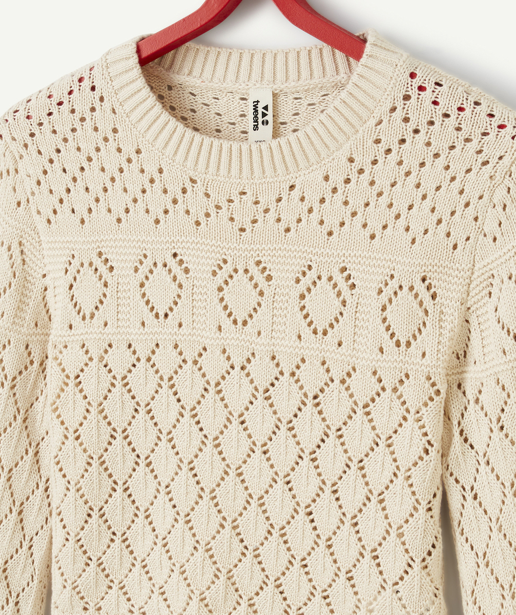 PULL CROCHET FILLE EN COTON BEIGE À MANCHES LONGUES