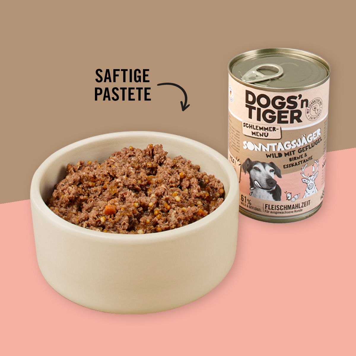 Dogs’n Tiger Adult Hundefutter, Sonntagsjäger, Hunde Nassfutter, Wild, Geflügel, Birne & Karotte