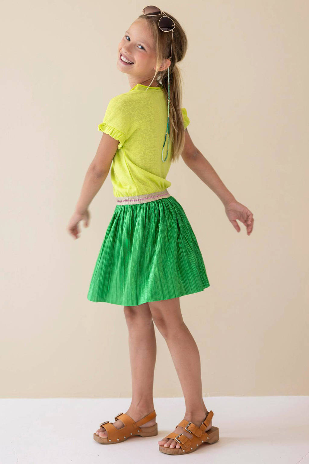Like Flo jurk met ruches felgroen/geel
