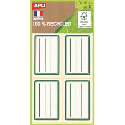 Apli Agipa - 32 Étiquettes scolaires 100% recyclées cadre et lignes verts - 36 x 56 mm - réf 101343
