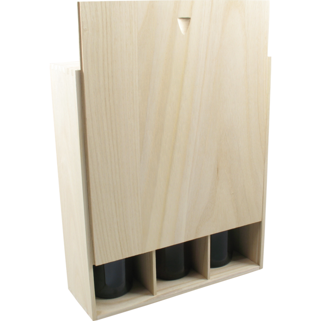 Wijnkist, 3 flessen, schuifdeksel, 340x295x95mm, hout, naturel