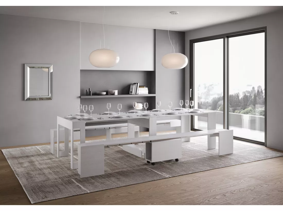 Console extensible 90x42/302 cm Evolve Frêne Blanc rallonges internes avec bancs inférieur et supérieur