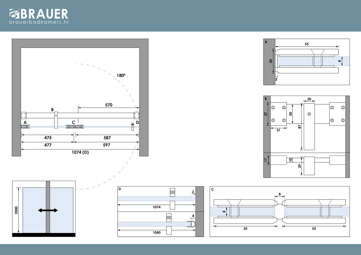 Brauer Void profielloze nisdeur 110cm met draaideur 60cm aan glas zwart mat