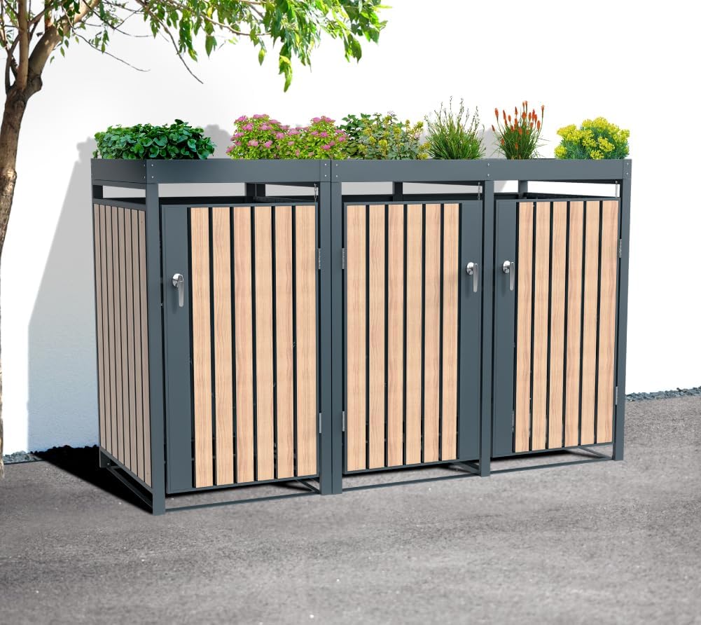 Westmann Metall Mülltonnenbox Planta 3x240 L Anthrazit Holzoptik Mülltonnenverkleidung mit Pflanzdach Pulverbeschichteter Stahl Abschließbare Flügeltüren Wetterfest & robust Mülltonnen Unterstand