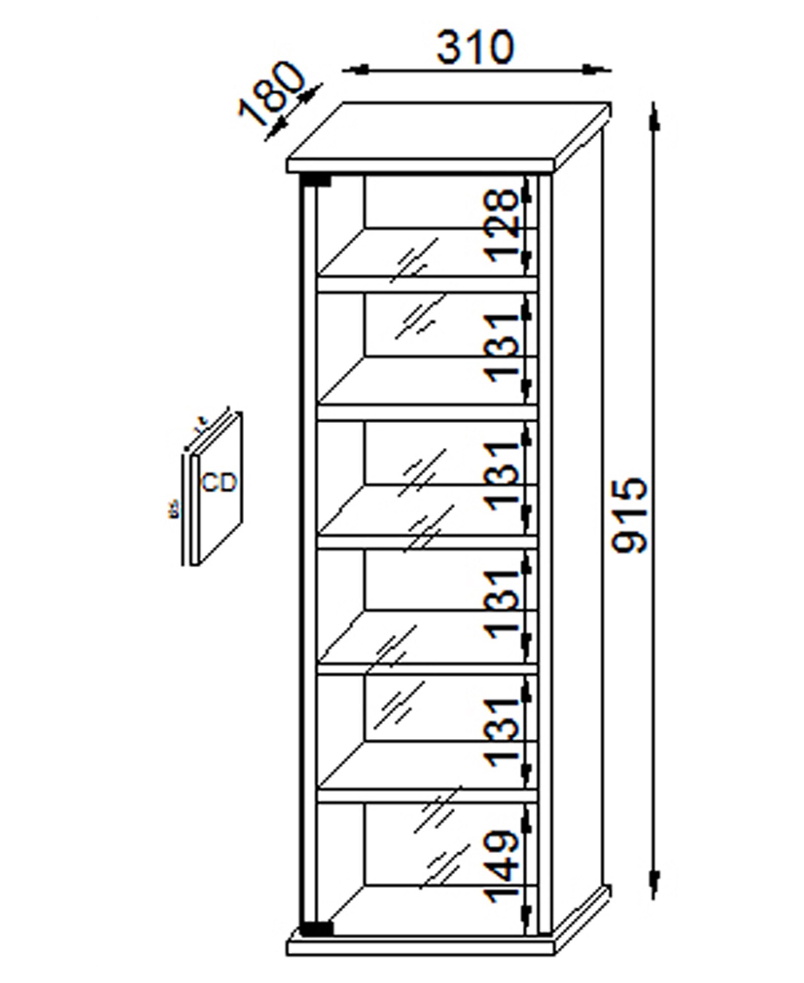VCM CD Regal Holz Vetro | platzsparender CD Schrank mit Glastüren für 150 CDs oder 65 DVDs | Maße: H. 92 x B. 31 x T. 18 cm | elegantes DVD Regal stehend | Blu ray Regal | CD Regal
