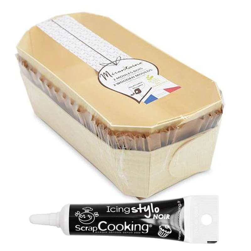 2 moules à cake bois 24 cm + 4 caissettes de cuisson + Stylo glaçage n