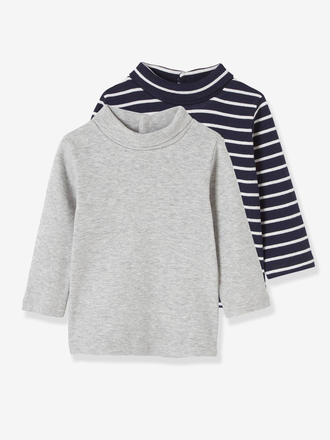 Lote com 2 camisetas de gola alta para bebê menino, cinza médio, bicolor/multicoloridas