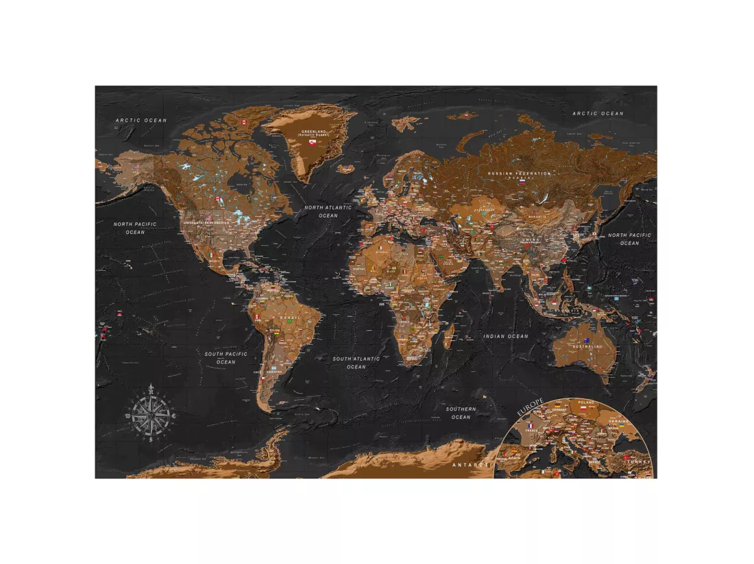 Papier peint adhésif Carte du monde stylisée en brun et noir - 294 x 210 cm