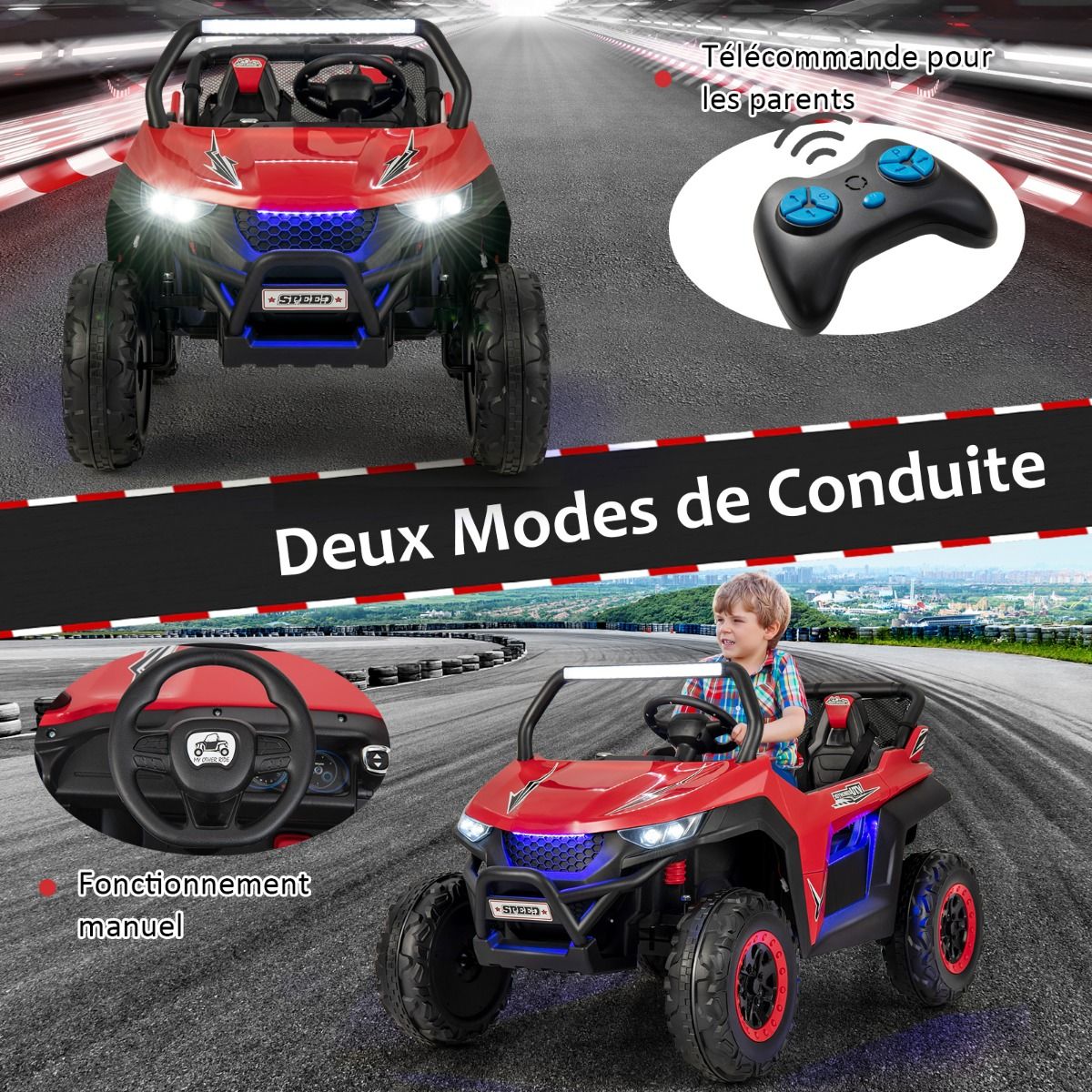 Voiture électrique Enfant 12 V Télécommande pour 3-8 Ans 2 Vitesses Ressort de Suspension Charge 59KG 118x74x71CM Noir/Rose/Rouge - Lidl-Manfred