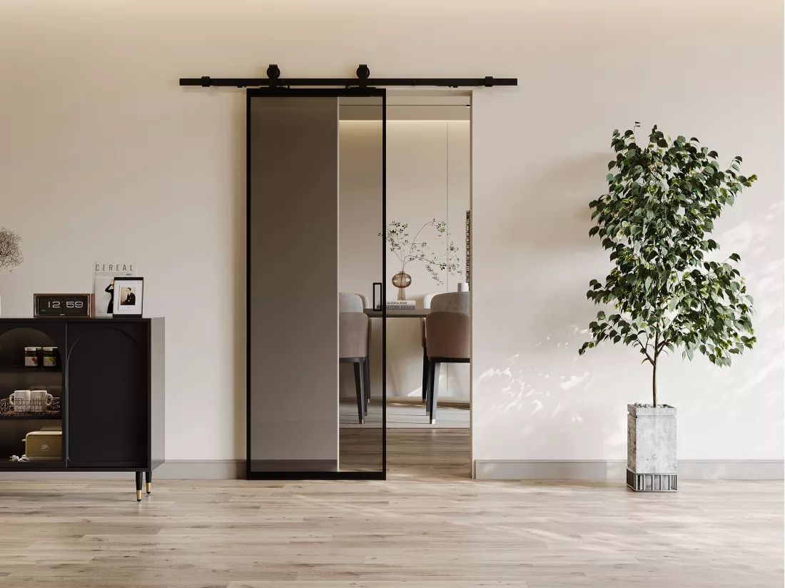 Porte coulissante avec système en applique - aluminium et verre trempé fumé - H205 x L73 cm - LINCI II