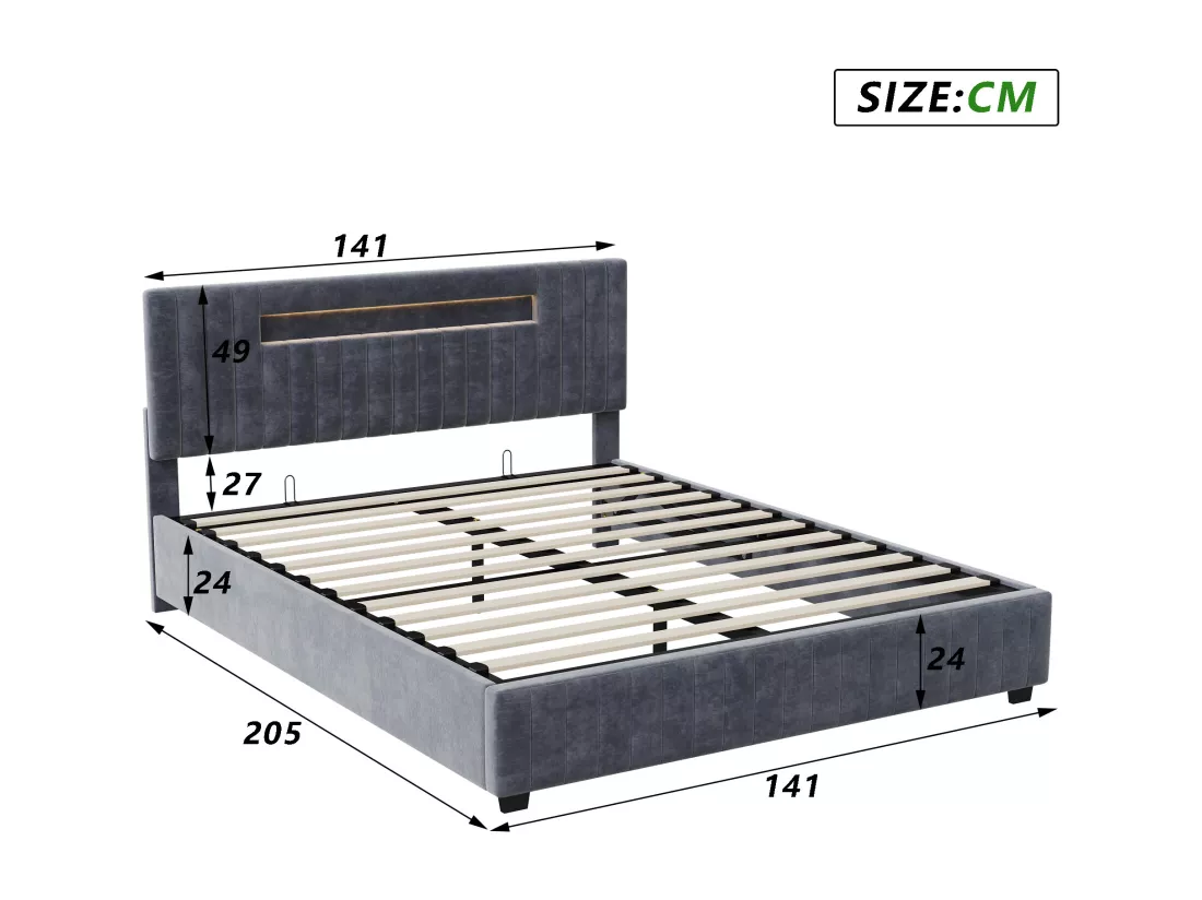 Lit coffre 140x200cm - Lit double avec sommier à lattes et tête de lit LED avec rangemet, en tissu velours gris