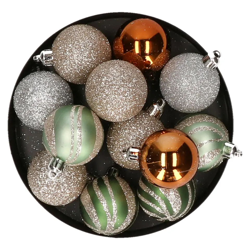 Atmosphera kerstballen 12x -kunststof -champagne/oker/groen- 4 cm