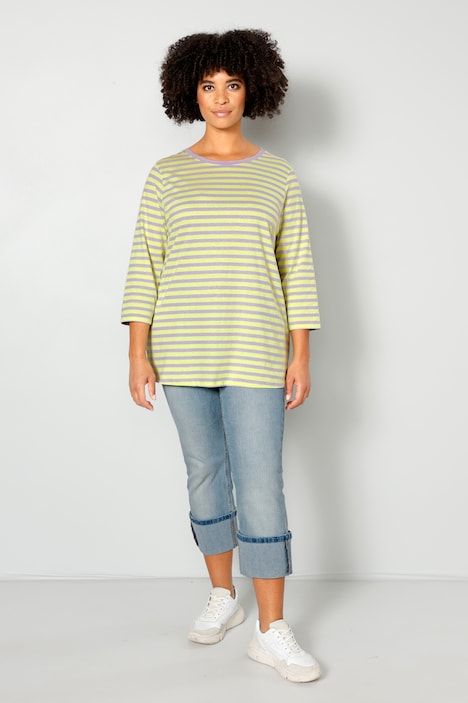 T-Shirt, Classic Fit, Ringel, farbiger Rundhals, 3/4-Ärmel