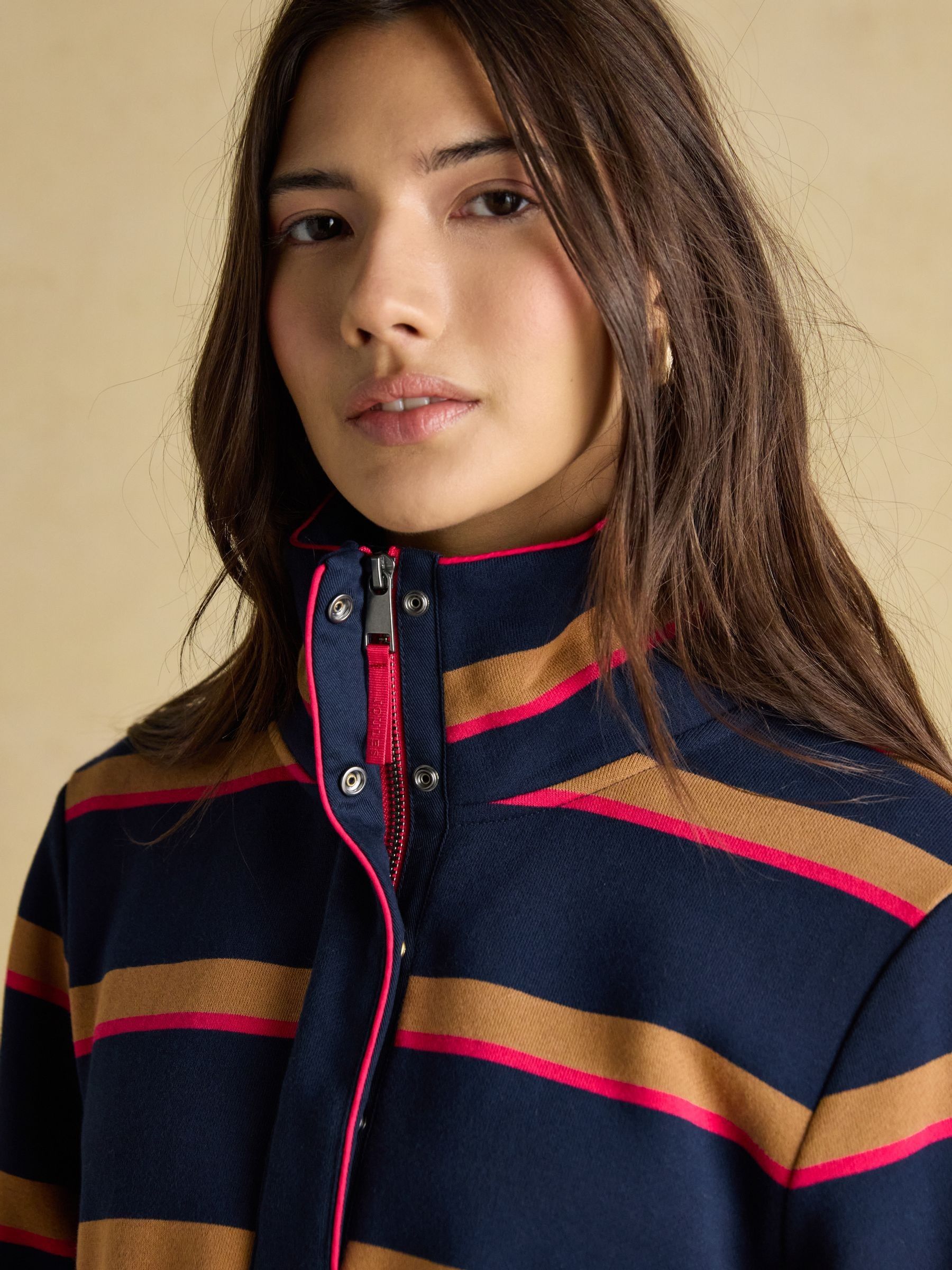 Marineblauw/lichtbruine streep - Joules Burnham Premium Brushed Cotton Funnel Neck Quarter Zip Sweatshirt