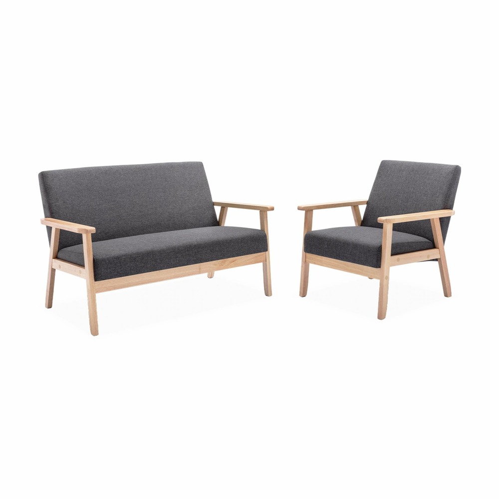 Fauteuil scandinave en bois et tissu gris foncé. Isak. L 64 x p 69.5 x h 73cm