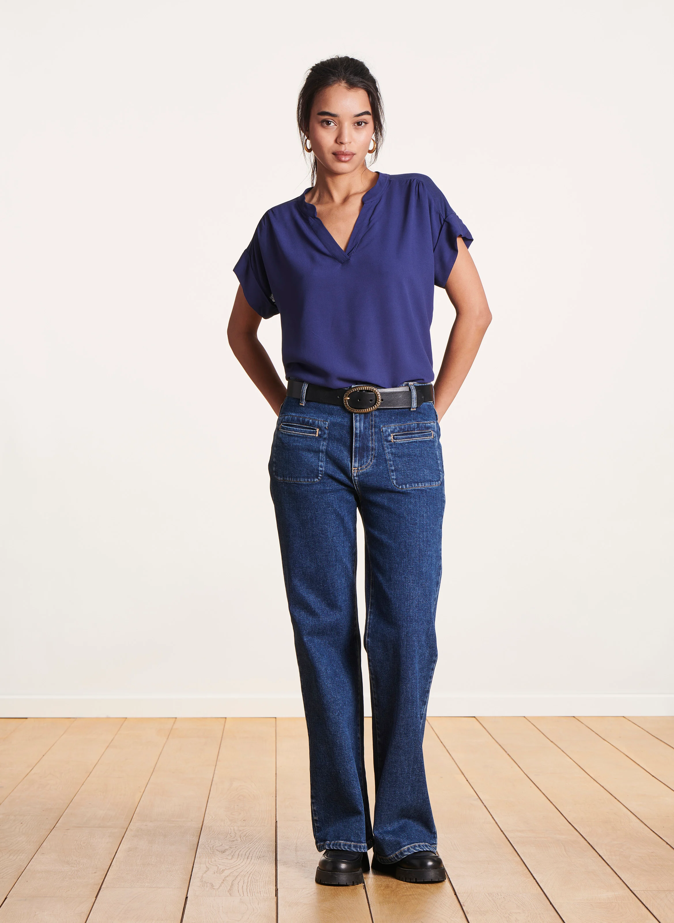 Tee-shirt ample col V bi-matières | Bleu