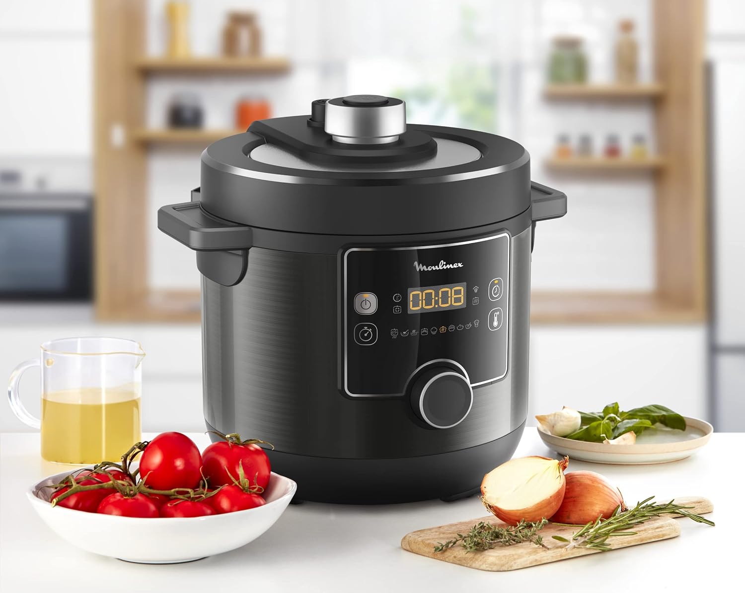 Moulinex Turbo Cuisine & Fry CE7788-2 in 1: Elektrischer Schnellkochtopf und Luftfritteuse bis zu 1450 W Leistung, antihaftbeschichtet, 15 automatische Programme, Timer, Zubehör, schwarz
