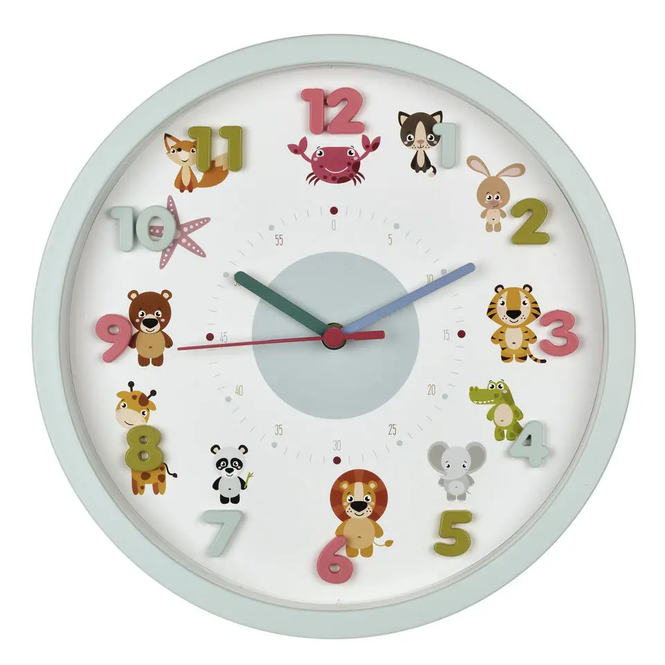 TFA Kinderkamer wandklok - dieren - lichtblauw - D30 cm - rond