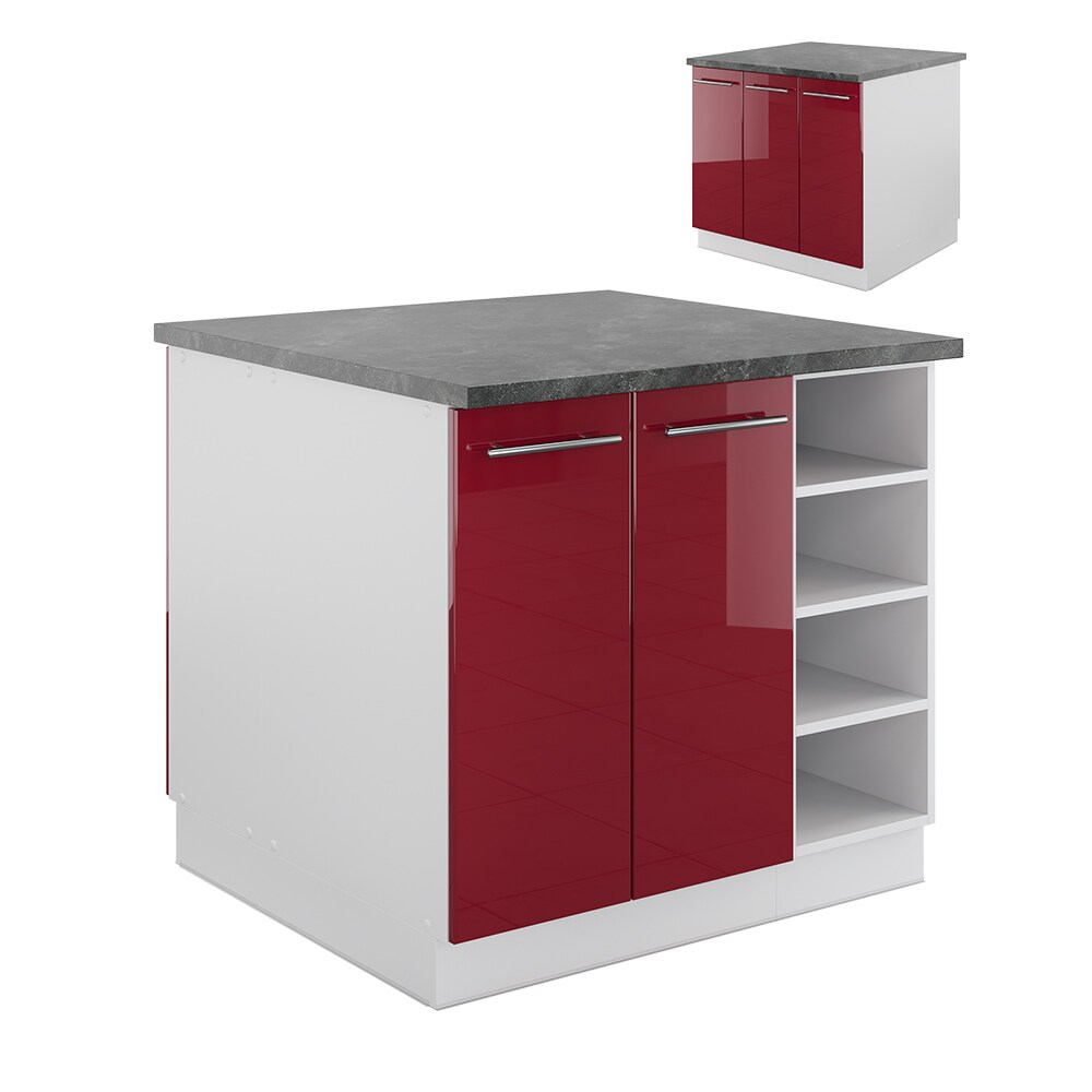 Vicco Kücheninsel Küchenblock Einbauküche Fame-Line Weiß Bordeaux-Rot 90 cm modern Hochglanz Küchen Schränke Regalunterschrank Küchenunterschrank Regalinselunterschrank Softclose-Scharnier Küchenmöbel