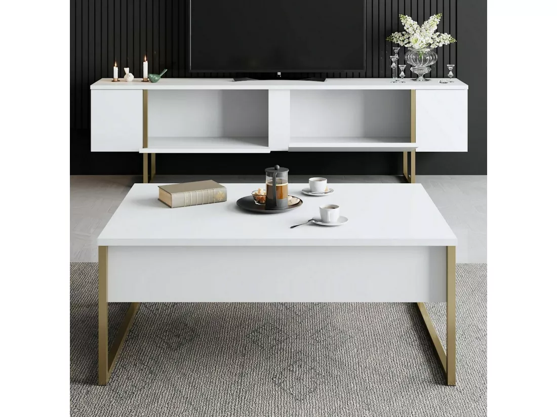 Meuble TV Centaurus, Buffet de salon, Armoire basse pour TV, Base murale de rangement, 180x30h50 cm, Blanc et Or