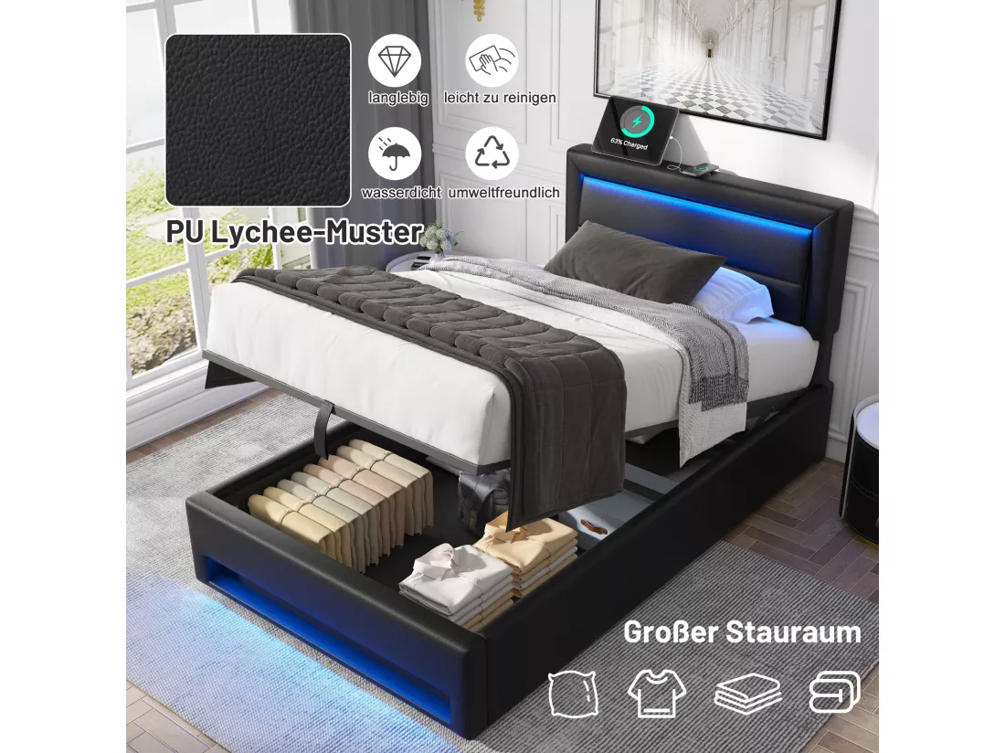 Lit coffre 90 x 200 cm avec tête de lit - Prises USB et LEDs - Cuir PU - Sommier à lattes - Noir(sans matelas)