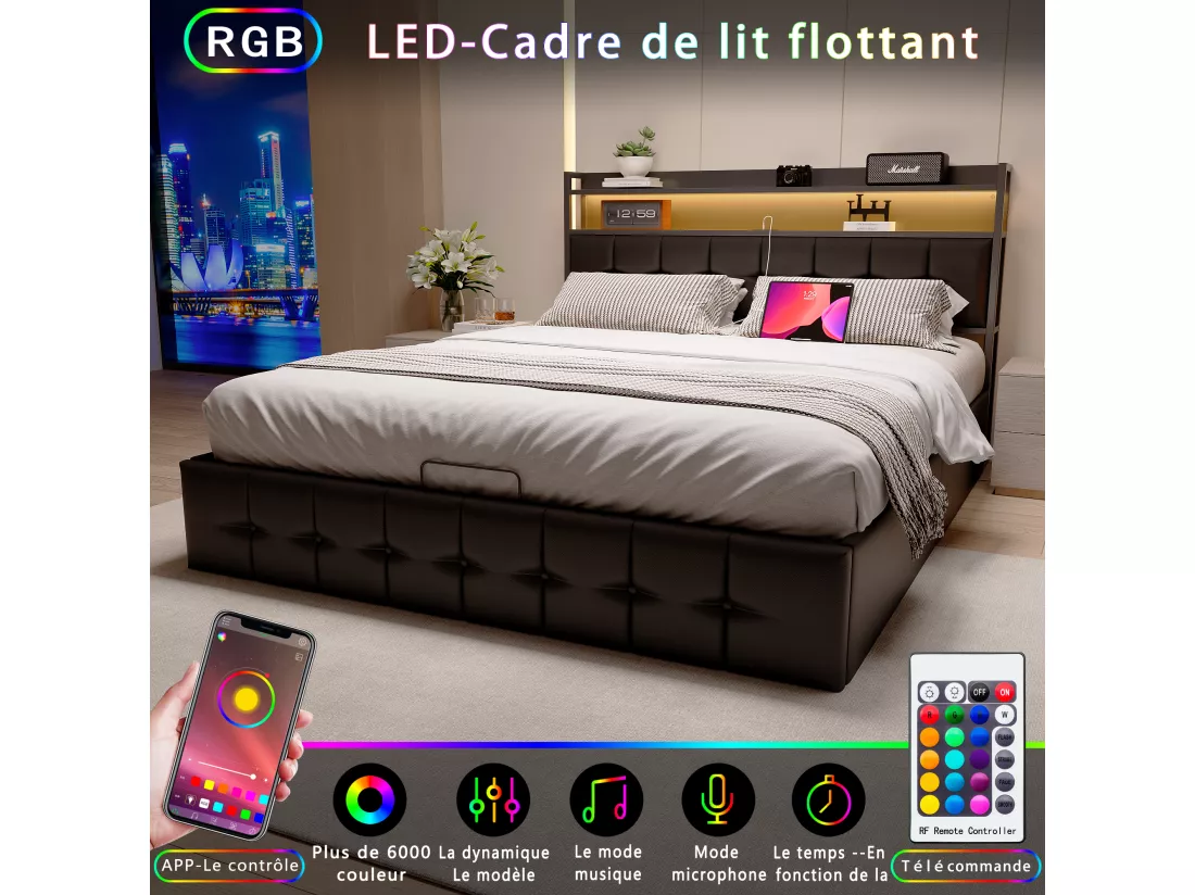 Lit coffre rembourré 160x200cm en tissu de pu - avec LED et port de charge - avec sommier à lattes - Noir