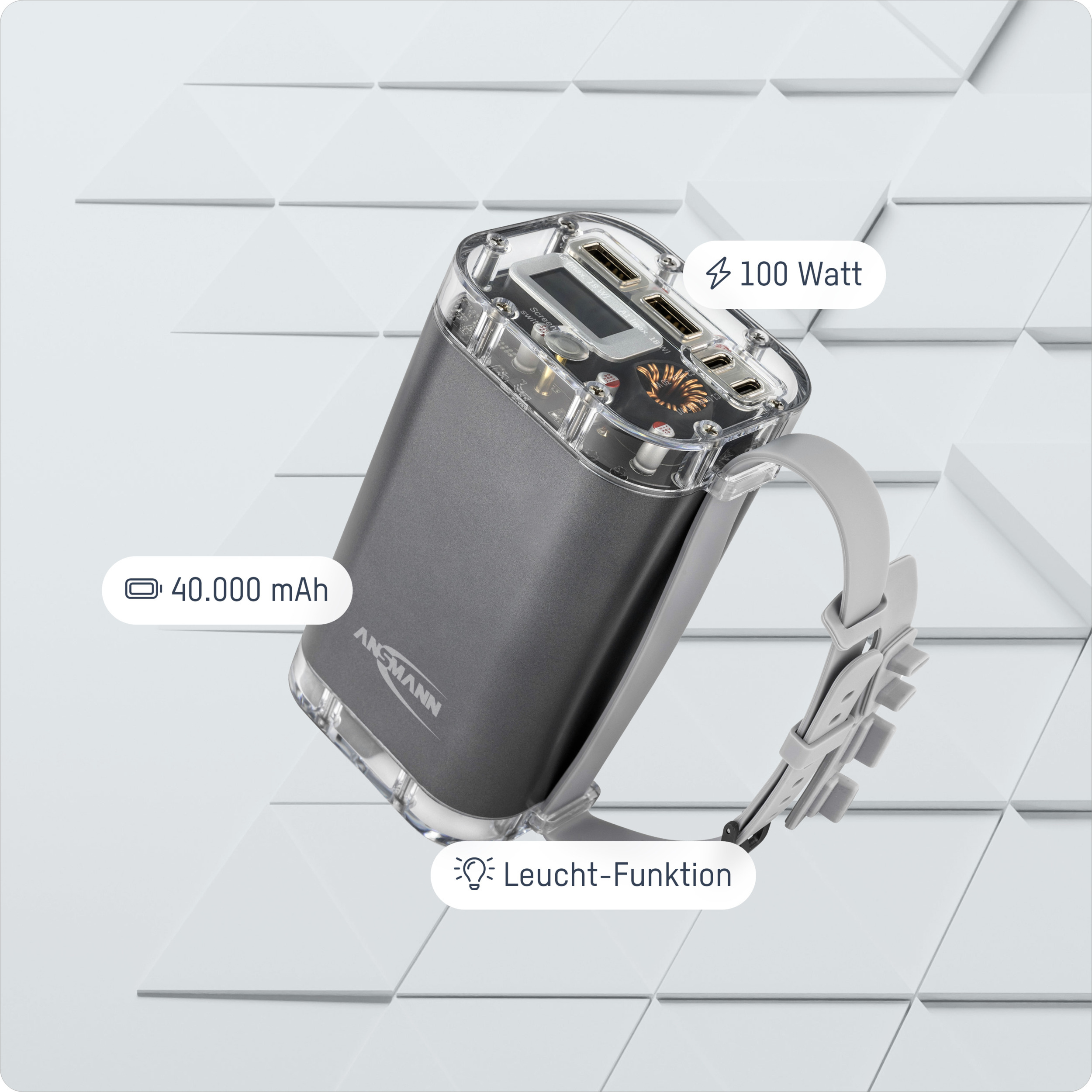 (10W) 40000mAh Dual USB A / Dual USB C Powerbank Power Delivery Ladegerät Wasserdicht IP67 (64.1700-0178) - Grau