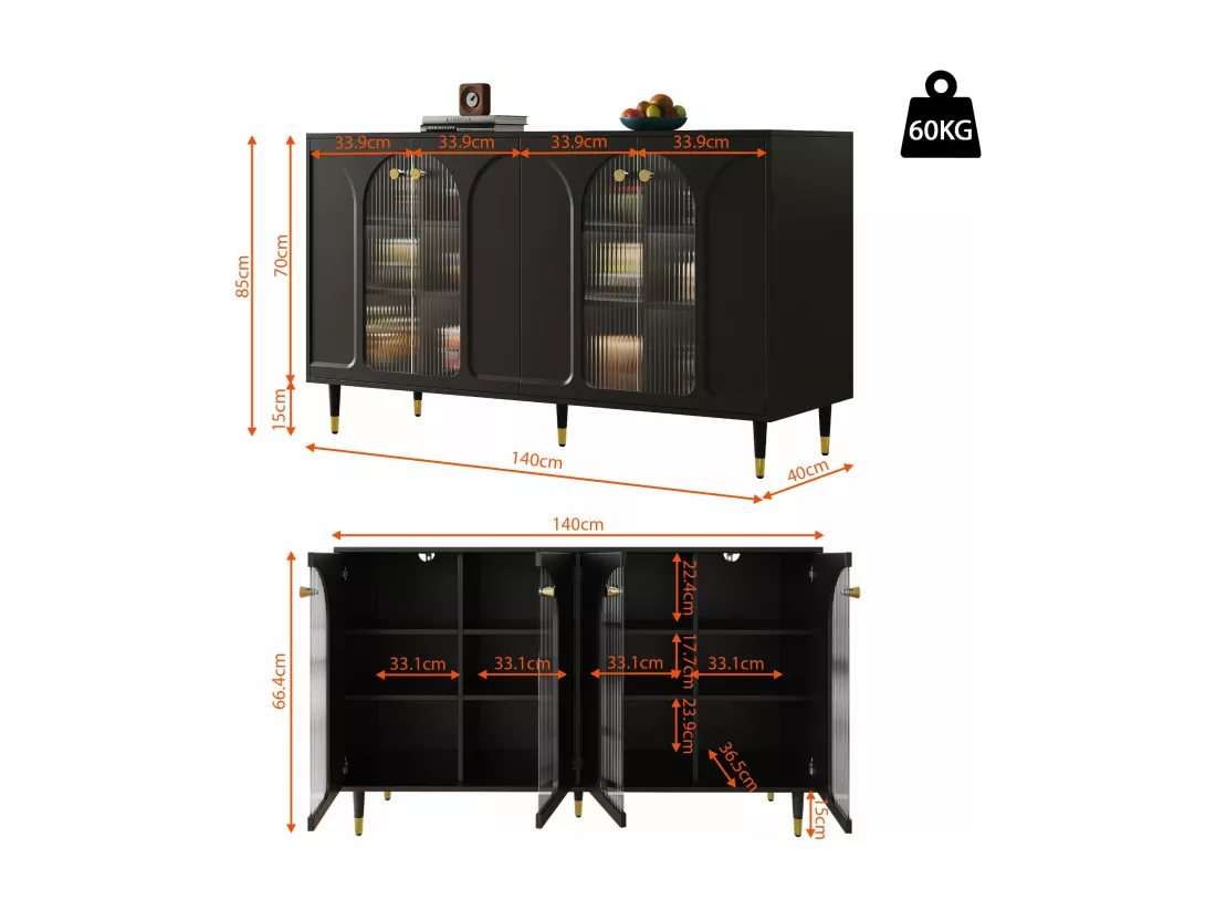 Buffet en MDF, 140cm×h85cm, Noir