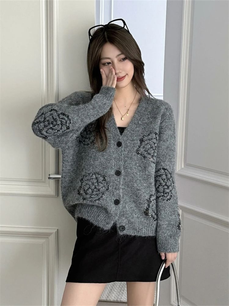 Beaustreet - V-hals bloemenprint, pluizig cropped vest