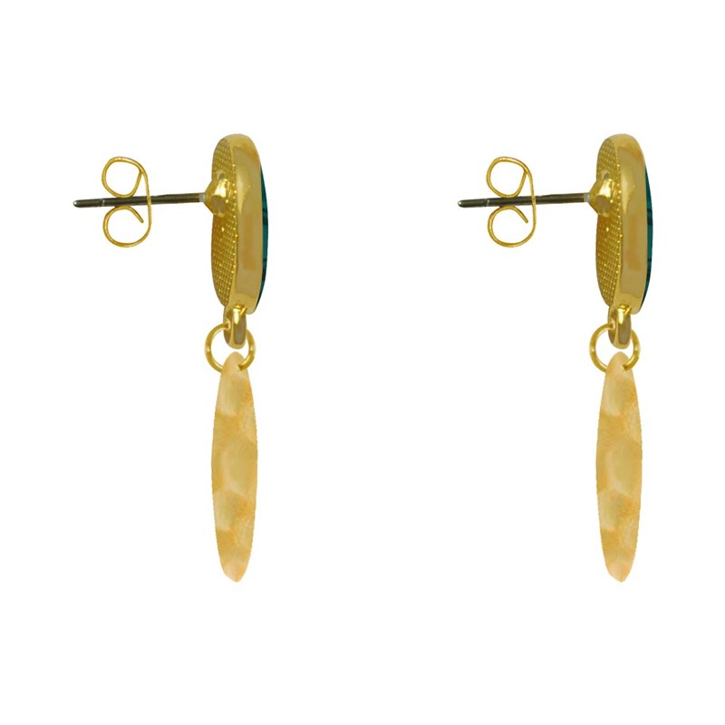 Boucles d'Oreilles Laiton Doré Ovale Soleil en Résine et Pastille Martelée