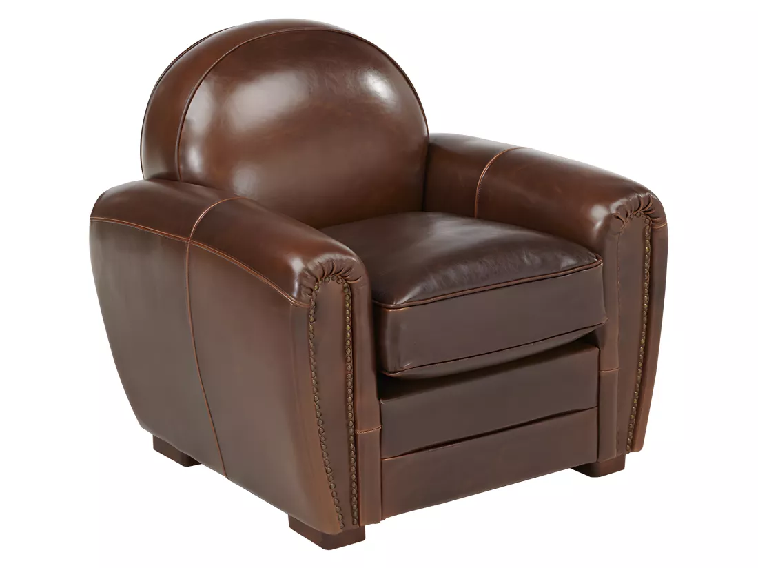 Canapé et fauteuil club BAUDOIN 100% cuir vieilli - Marron