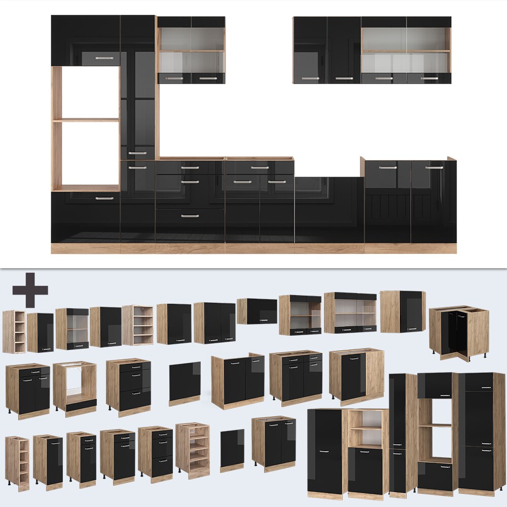 Vicco Küchenzeile R-Line Solid Eiche Schwarz 350 cm modern Küchenschränke Küchenmöbel
