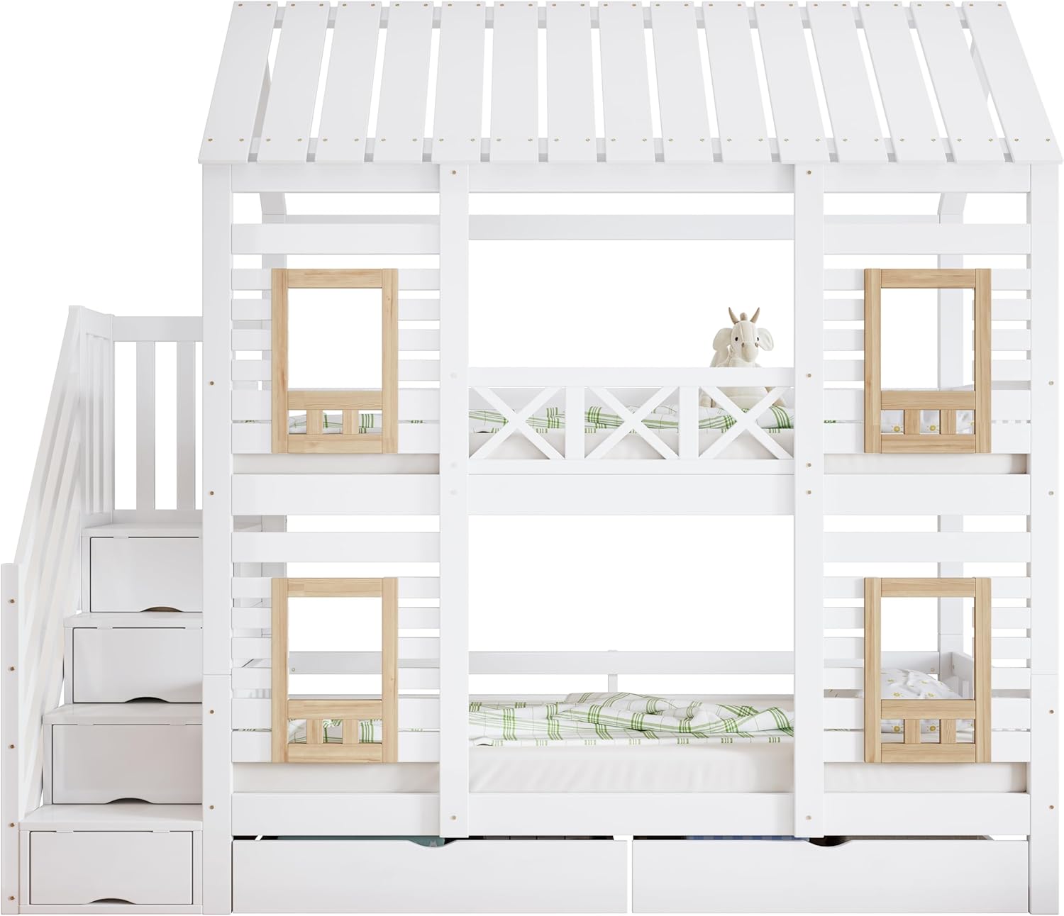 Kinderbett Etagenbett 90 x 200, Hausbett für 2 Kinder, Hochbett mit Lattenrost, Treppe mit 4 Ablagefächern, Rausfallschutz, Zwei Schubladen mit Rollen, Baumhaus Bett mit Fenster und Dach