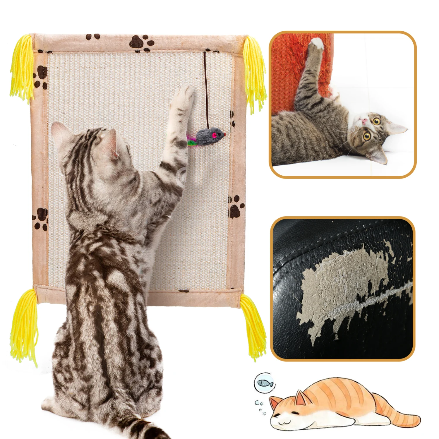 Tapete arranhador para gatos Nobleza, almofada de sisal natural, protege o piso e o sofá (45x34cm, marrom)