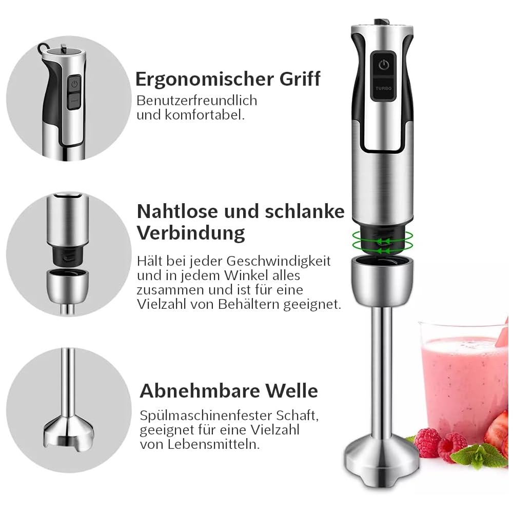 Lehmann Chopsui Mixeur plongeant 1200 W, Mixeur Plongeur avec 8 niveaux de vitesse en acier inoxydable, Mixeur blender pour Aliments pour Bebe, Soupe, Sauce et Purée, 9 Accessoires du mixer inclus : Cuisine et Maison