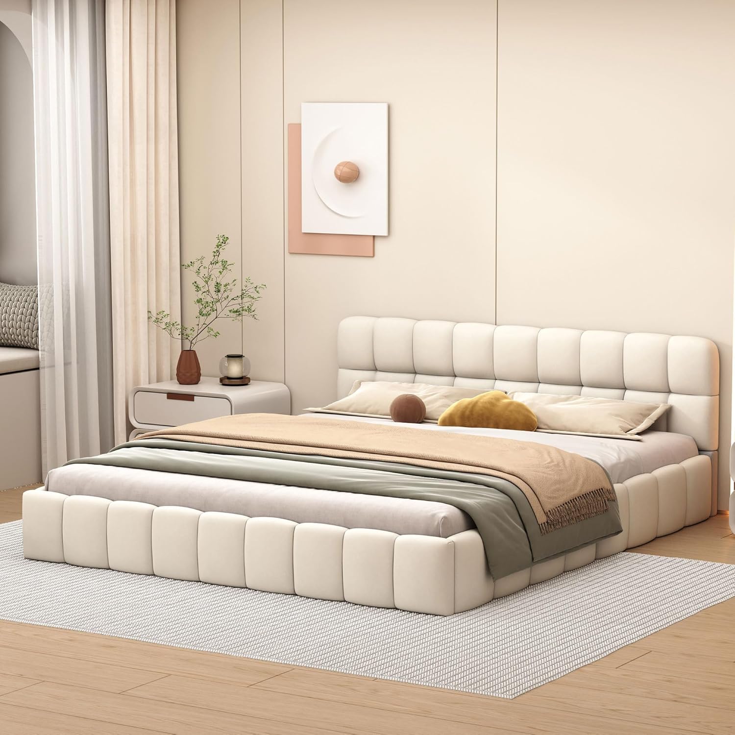 FreeWind Polsterbett 140x200 cm Bubble Bett, Doppelbett mit weicher Rückenlehne, Jugendbett mit Lattenrost, Flachbett mit Polsterumrandung, Leinen, ohne Matratze (beige)
