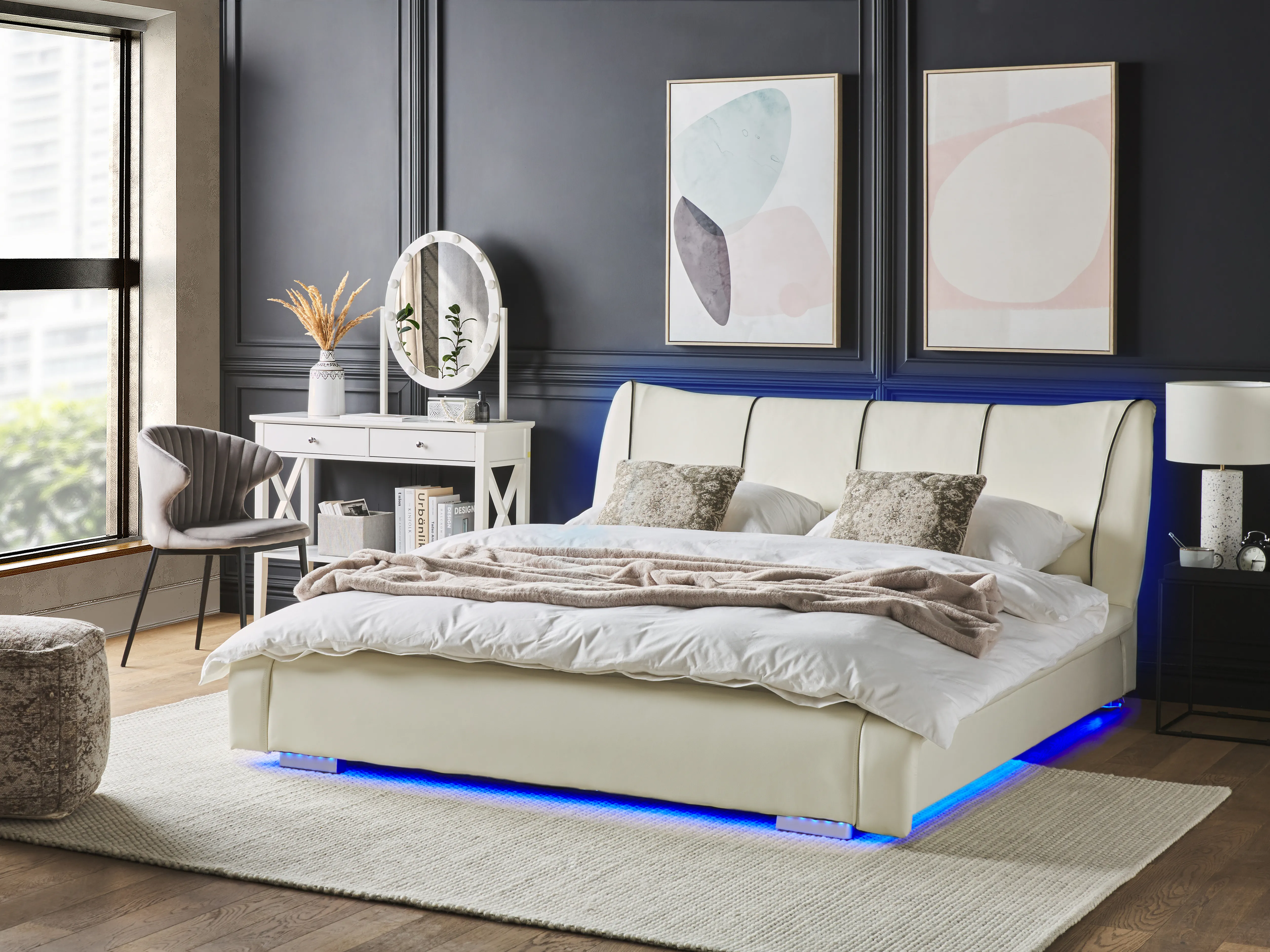 Bed met LED-verlichting Leer NANTES 140 x 200 cm LED Gebroken wit