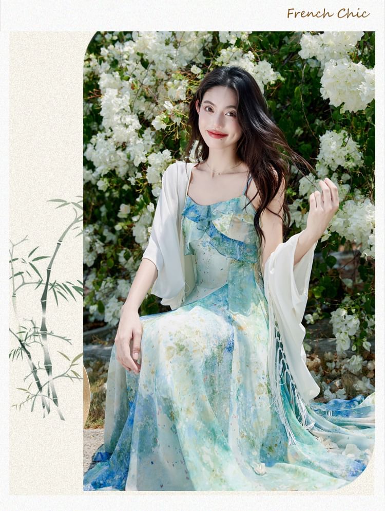 Cocaliso - Effen licht vestje / spaghettibandjes bloemenprint midi A-lijn jurk / set